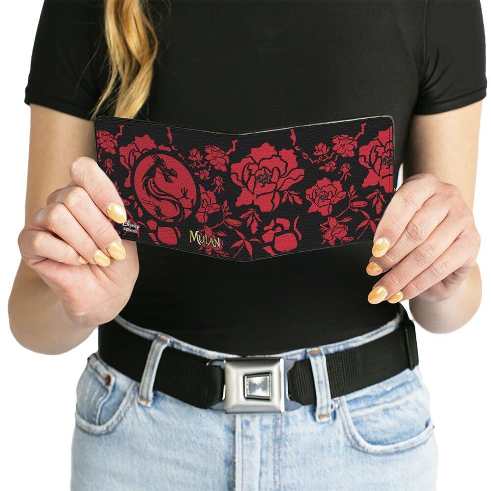 4982 Disney Wallet, Bifold, Mulan Flower Blossoms Mushu Crikee Icon Black - Picture 6 of 8